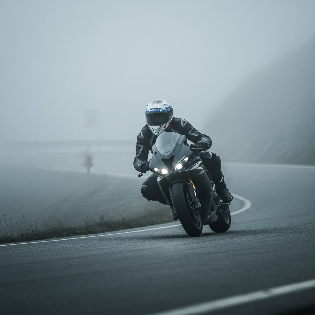 Pilota su sportiva nella nebbia con il casco integrale Airoh Connor Nation
