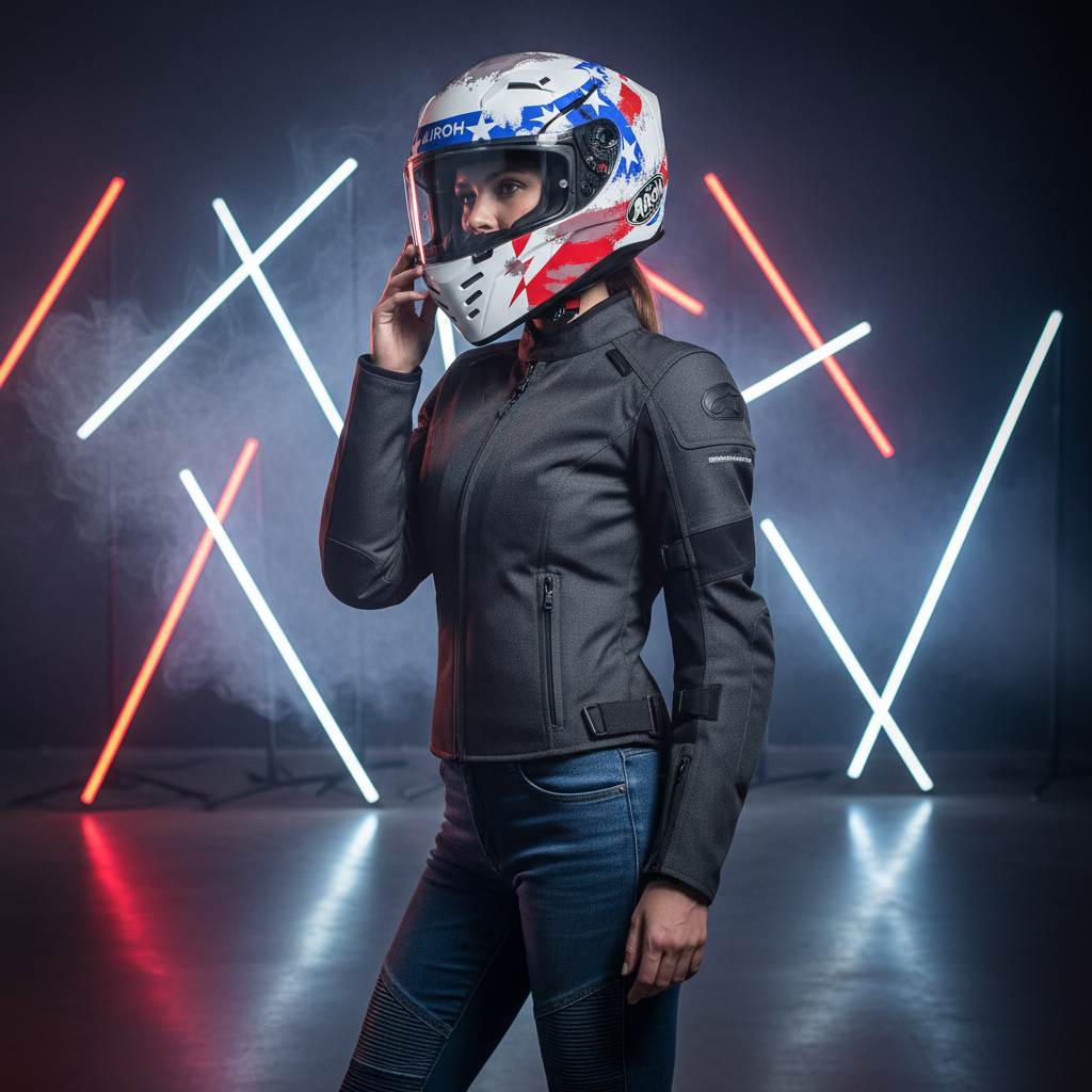 Motociclista donna con sciarpa e casco Airoh Connor Nation fra luci al neon