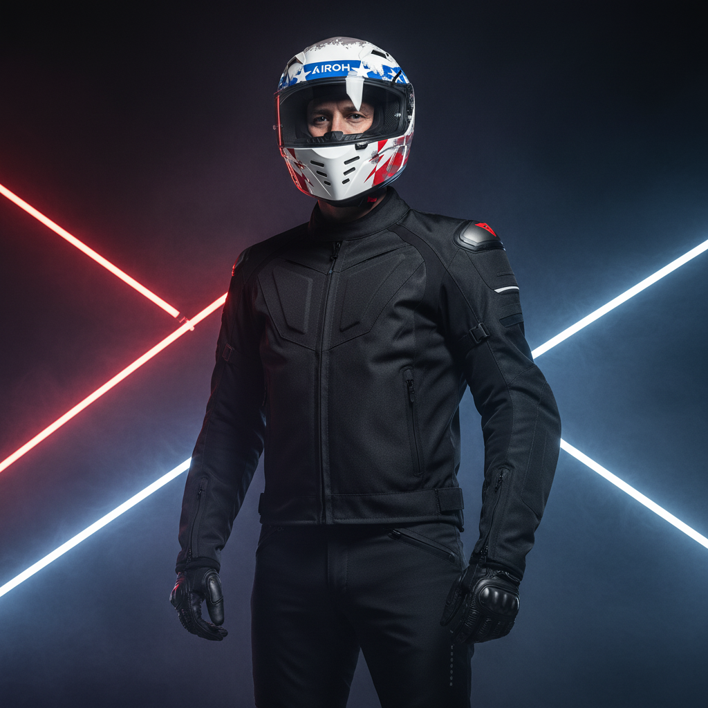 Uomo in giacca scura fra luci al neon che indossa il casco Airoh Connor Nation