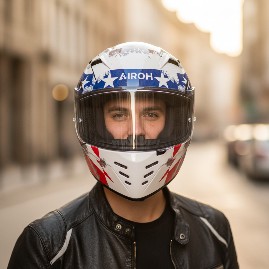 Motociclista donna in pelle con il casco Airoh Connor Nation e la visiera alzata