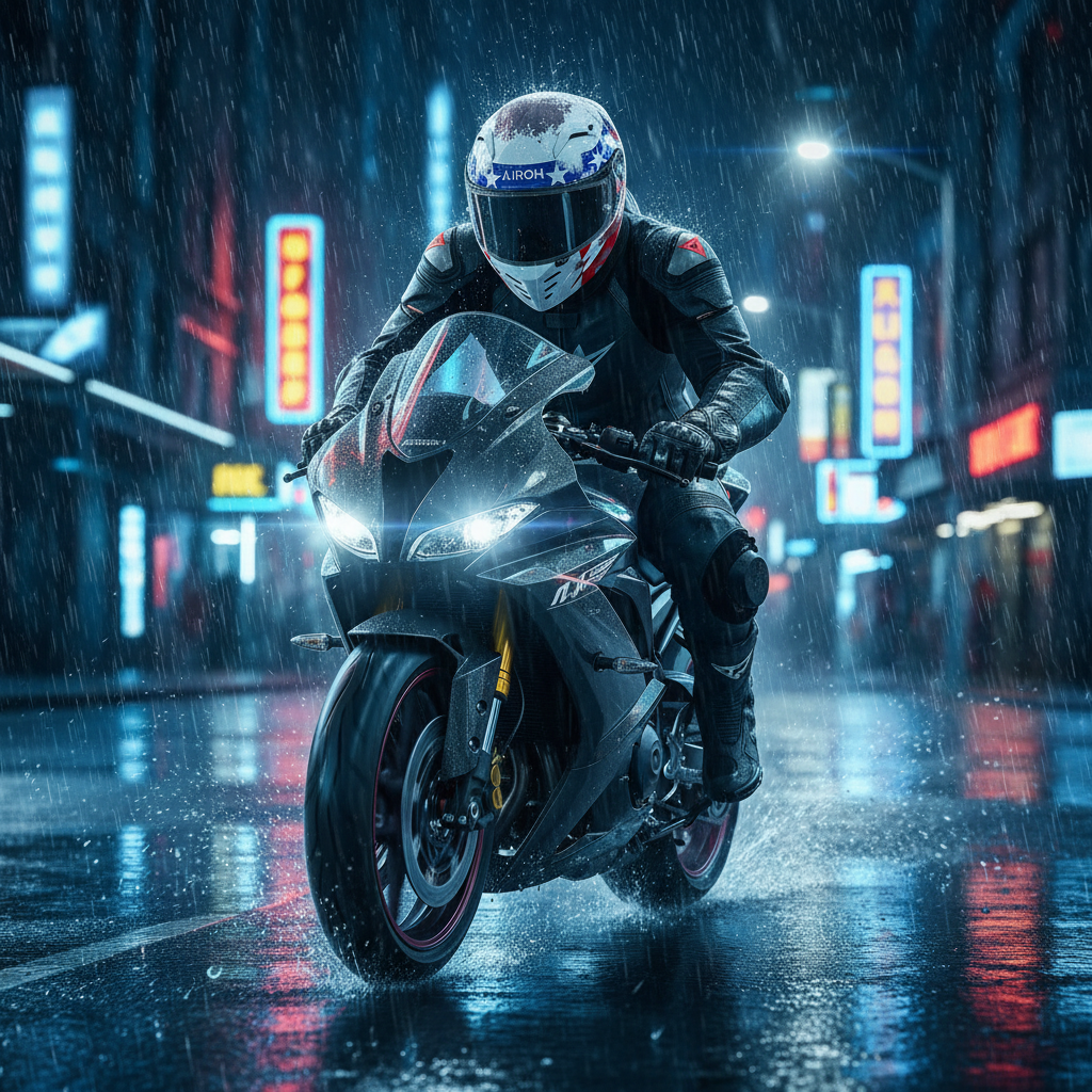 Motociclista su strada bagnata illuminata al neon con il casco Airoh Connor Nation