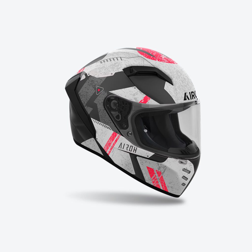Casco integrale Airoh Connor Omega bianco, nero e rosso opaco, profilo destro con logo Airoh