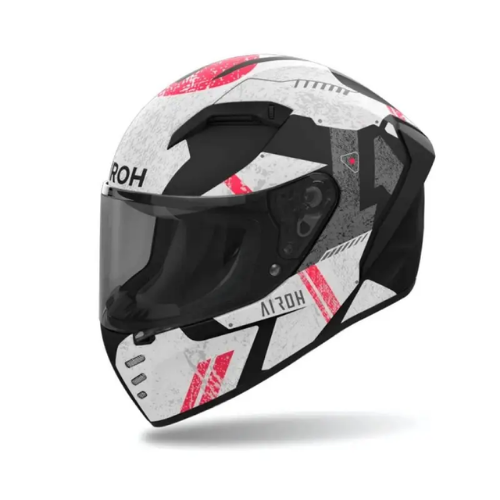 Casco integrale Airoh Connor Omega bianco, nero e rosso opaco, profilo sinistro con visiera scura