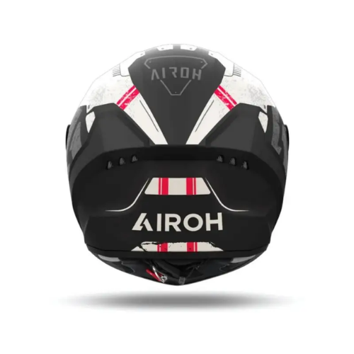 Casco Airoh Connor Omega visto da dietro, spoiler nero opaco, estrattori d'aria e logo Airoh