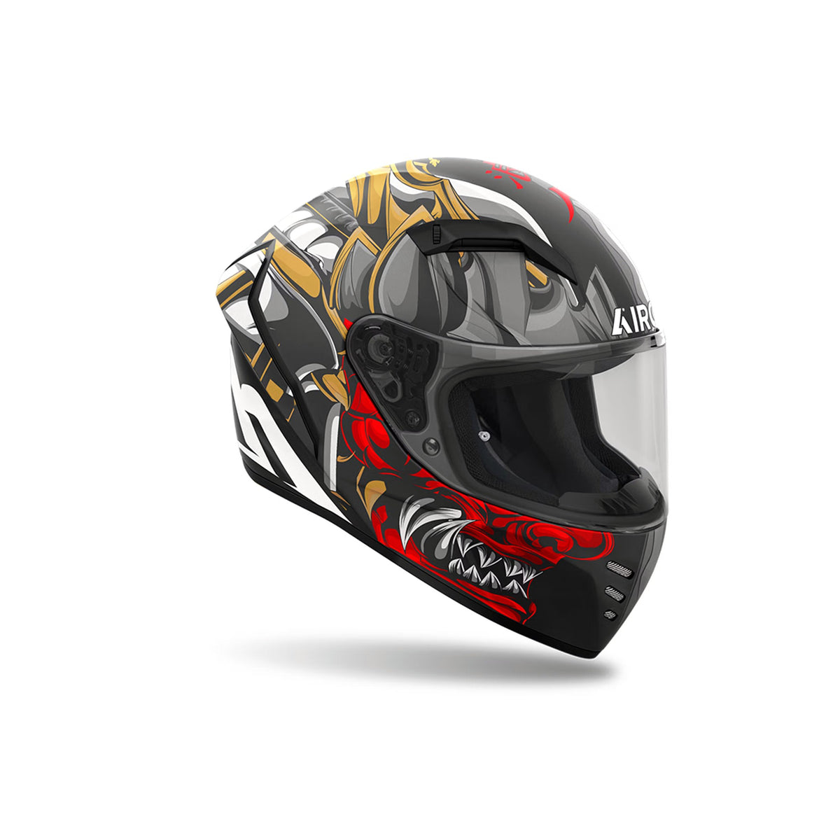 Casco integrale Airoh Connor Samurai Nero/Oro/Rosso Opaco, vista di tre quarti dal lato opposto
