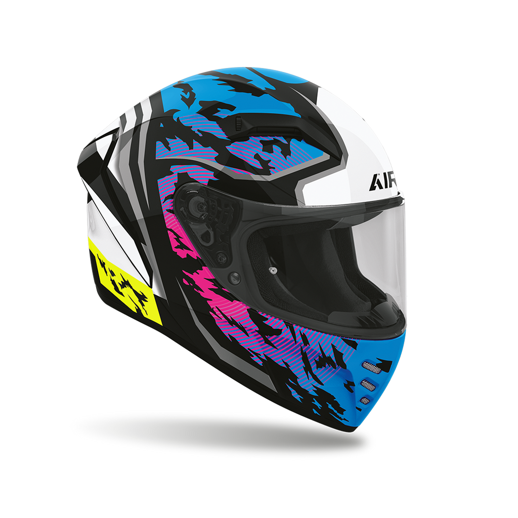 Airoh Connor Spotted Lucido (CNSP38), casco integrale visto di tre quarti anteriore, grafica bianca e nera con macchie azzurre, fucsia e viola e dettagli giallo fluo