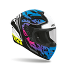 Airoh Connor Spotted Lucido (CNSP38), casco integrale visto di tre quarti anteriore, grafica bianca e nera con macchie azzurre, fucsia e viola e dettagli giallo fluo