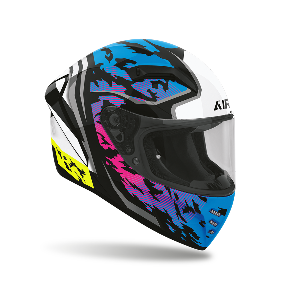 Airoh Connor Spotted Lucido (CNSP38), casco integrale visto di tre quarti anteriore, grafica bianca e nera con macchie azzurre, fucsia e viola e dettagli giallo fluo