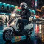 Motociclista con casco Airoh Executive bianco lucido in sella a uno scooter di notte