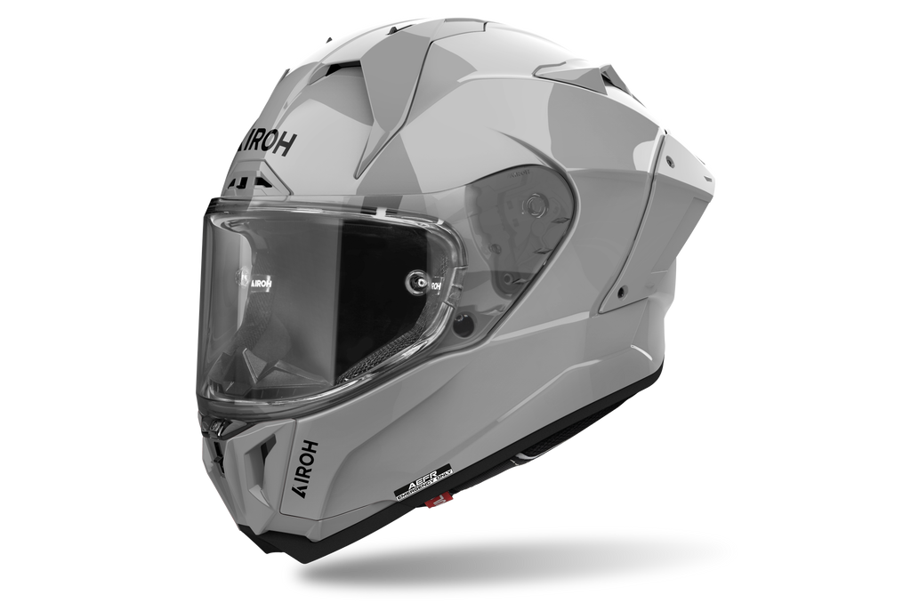 Airoh GP 800 Color Grigio Cemento Lucido (GP898), casco integrale racing visto di tre quarti dal lato sinistro, grafica grigio cemento lucida a tinta unita