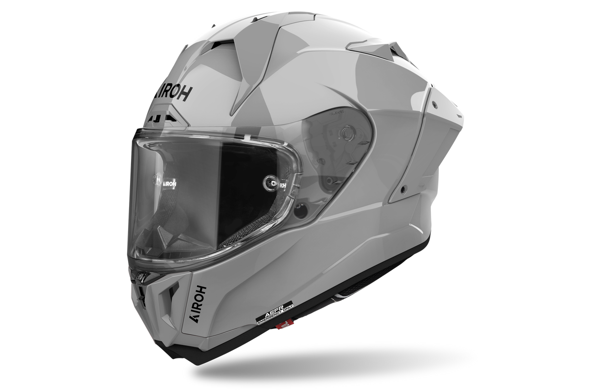 Airoh GP 800 Color Grigio Cemento Lucido (GP898), casco integrale racing visto di tre quarti dal lato sinistro, grafica grigio cemento lucida a tinta unita