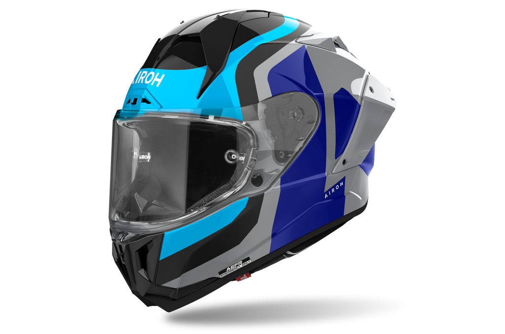 Airoh GP 800 Competition Blu Lucido (GP8C19), casco integrale racing visto di tre quarti dal lato sinistro, grafica blu, azzurra e nera, lucida