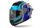 Airoh GP 800 Competition Blu Lucido (GP8C19), casco integrale racing visto di tre quarti dal lato sinistro, grafica blu, azzurra e nera, lucida