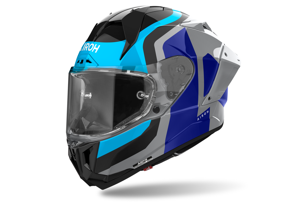 Airoh GP 800 Competition Blu Lucido (GP8C19), casco integrale racing visto di tre quarti dal lato sinistro, grafica blu, azzurra e nera, lucida