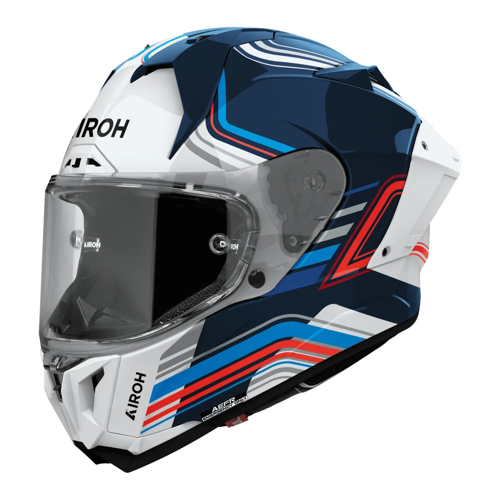 Airoh GP 800 Hurricane Bianco/Blu Lucido (GP8H38), casco integrale racing visto di tre quarti dal lato sinistro, grafica bianca e blu con inserti azzurri e rossi, lucida