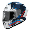 Airoh GP 800 Hurricane Bianco/Blu Lucido (GP8H38), casco integrale racing visto di tre quarti dal lato sinistro, grafica bianca e blu con inserti azzurri e rossi, lucida
