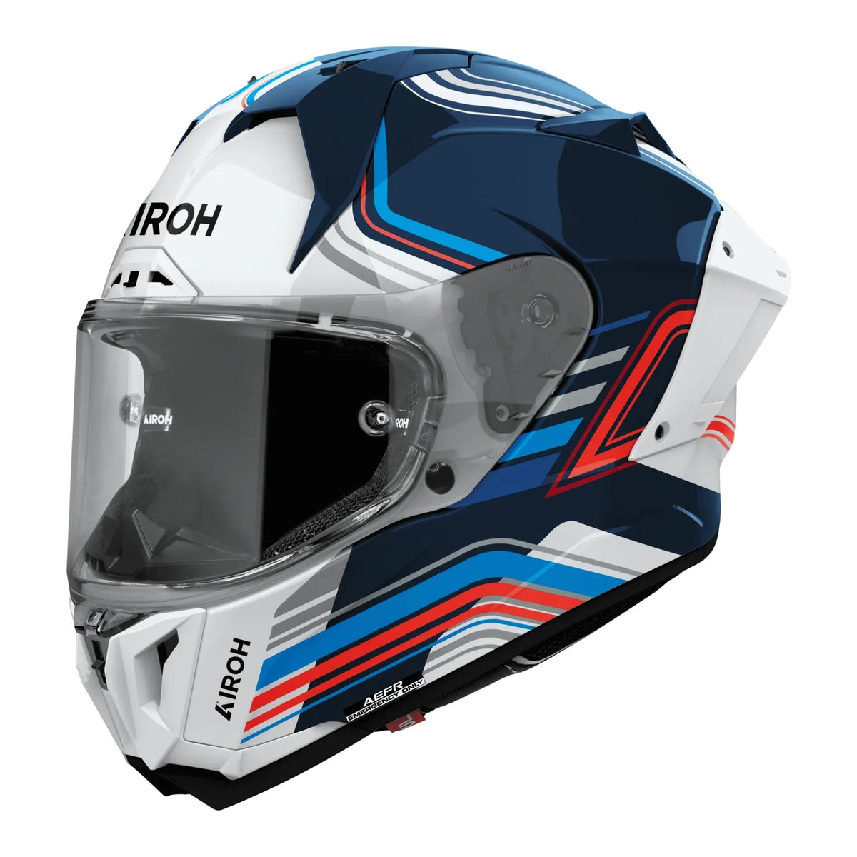 Airoh GP 800 Hurricane Bianco/Blu Lucido (GP8H38), casco integrale racing visto di tre quarti dal lato sinistro, grafica bianca e blu con inserti azzurri e rossi, lucida