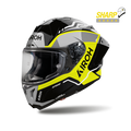 Airoh GP 800 Lane Giallo Fluo Lucido (GP8L31), casco integrale racing visto di tre quarti dal lato sinistro, grafica nera, grigia e giallo fluo, lucida