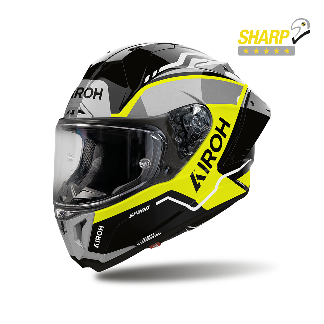 Airoh GP 800 Lane Giallo Fluo Lucido (GP8L31), casco integrale racing visto di tre quarti dal lato sinistro, grafica nera, grigia e giallo fluo, lucida