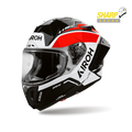 Airoh GP 800 Lane Rosso Lucido (GP8L55), casco integrale racing visto di tre quarti dal lato sinistro, grafica nera, bianca e rossa, lucida