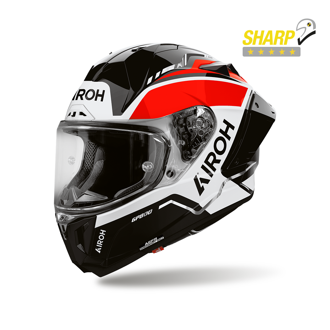 Airoh GP 800 Lane Rosso Lucido (GP8L55), casco integrale racing visto di tre quarti dal lato sinistro, grafica nera, bianca e rossa, lucida