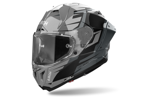 Airoh GP 800 Master Metallizzato Lucido (GP8MA29), casco integrale racing visto di tre quarti dal lato sinistro, grafica grigio metallizzato e nera, lucida