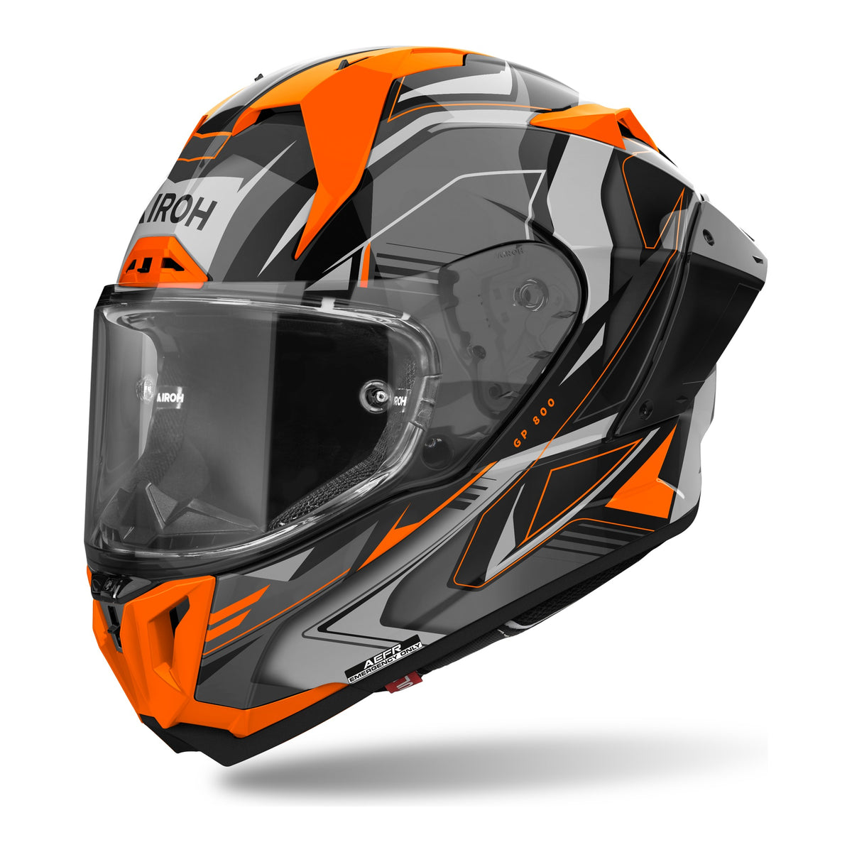 Airoh GP 800 Must Arancio Lucido (GP8MU32), casco integrale racing visto di tre quarti dal lato sinistro, grafica nera e grigia con inserti arancio, lucida