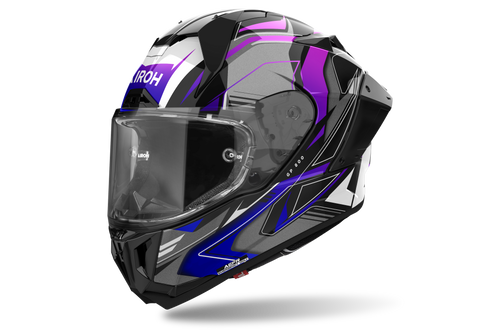 Airoh GP 800 Must Blu Lucido (GP8MU18), casco integrale racing visto di tre quarti dal lato sinistro, grafica nera con inserti blu e viola, lucida