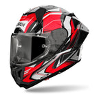 Airoh GP 800 Must Rosso Lucido (GP8MU55), casco integrale racing visto di tre quarti dal lato sinistro, grafica nera, rossa e bianca, lucida