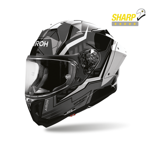 Airoh GP 800 Victory Argento Lucido (GP8VC16), casco integrale racing visto di tre quarti dal lato sinistro, grafica grigia, nera e bianca, lucida