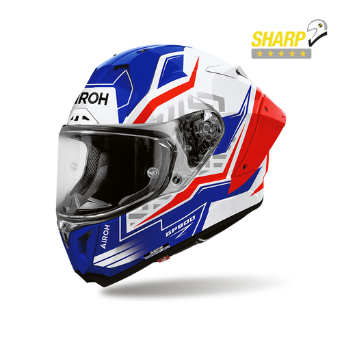 Airoh GP 800 Victory Blu/Rosso Lucido (GP8VC18), casco integrale racing visto di tre quarti dal lato sinistro, grafica bianca, blu e rossa, lucida