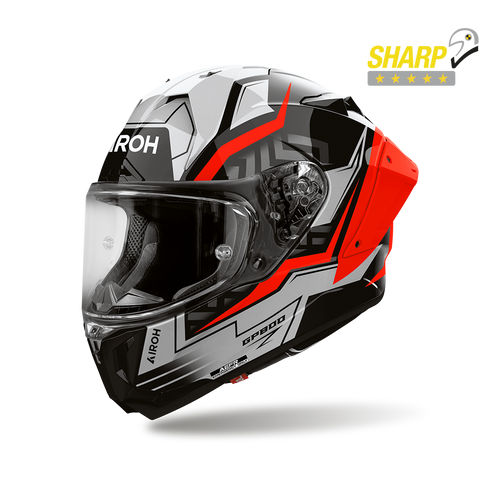 Airoh GP 800 Victory Rosso Lucido (GP8VC55), casco integrale racing visto di tre quarti dal lato sinistro, grafica nera, grigia e rossa, lucida