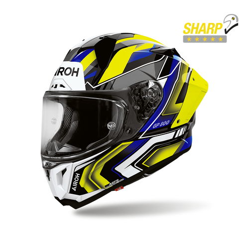 Airoh GP 800 Volt Giallo Lucido (GP8V31), casco integrale racing visto di tre quarti dal lato sinistro, grafica gialla, nera, blu e bianca, lucida