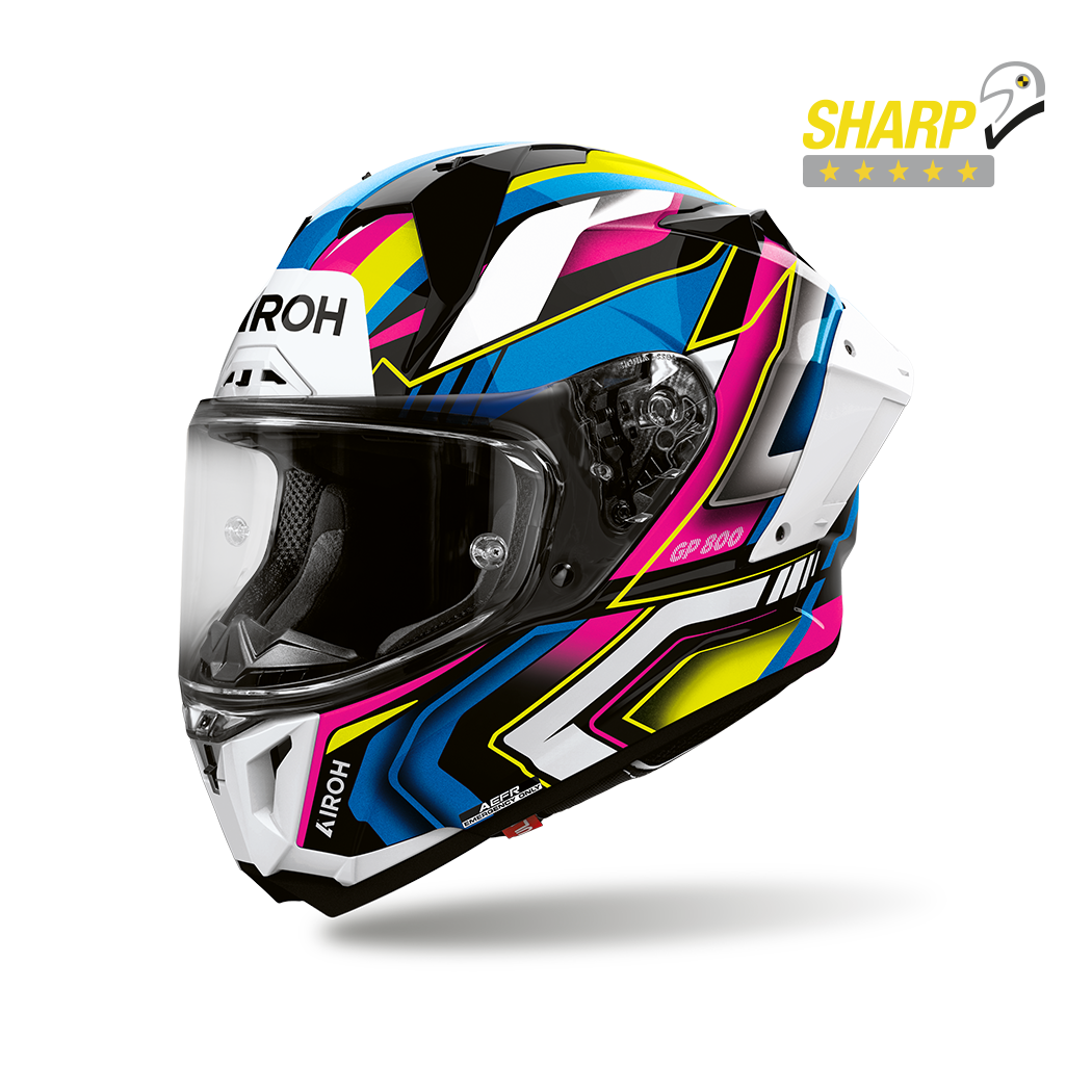 Airoh GP 800 Volt Multicolore Lucido (GP8V54), casco integrale racing visto di tre quarti dal lato sinistro, grafica azzurra, rosa, gialla, nera e bianca, lucida
