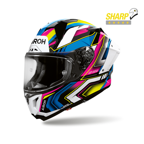 Airoh GP 800 Volt Multicolore Lucido (GP8V54), casco integrale racing visto di tre quarti dal lato sinistro, grafica azzurra, rosa, gialla, nera e bianca, lucida