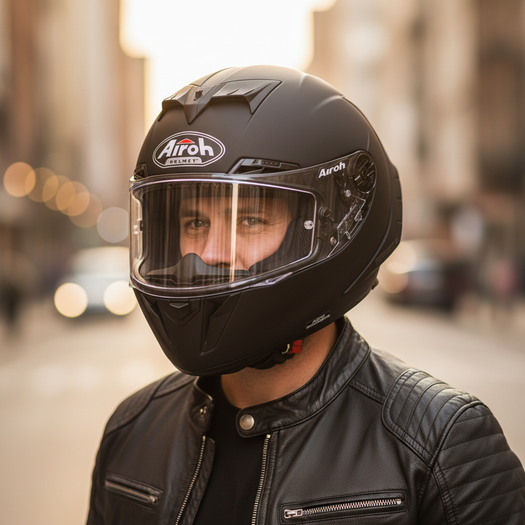 Motociclista con il casco Airoh GP550 S nero opaco indossato e la visiera sollevata