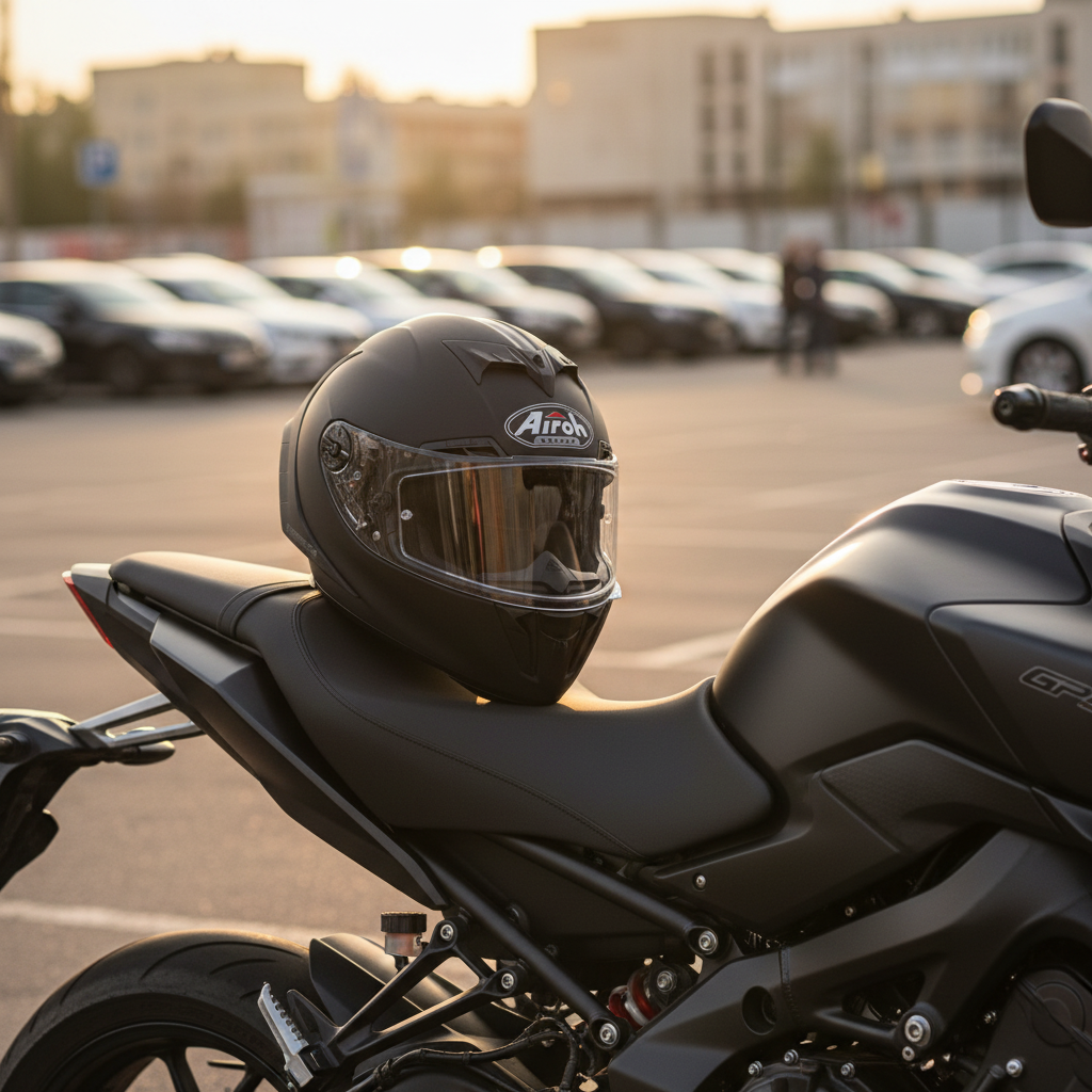 Casco Airoh GP550 S nero opaco appoggiato sulla sella di una moto sportiva