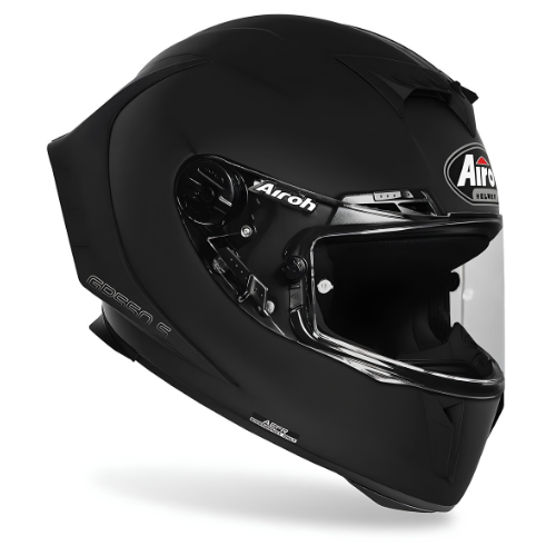 Airoh GP550 S nero opaco di tre quarti destro, visiera racing 2D chiusa e presa d'aria sulla mentoniera