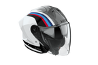 Airoh H 21 Arrow bianco lucido con strisce blu, azzurre e rosse, casco jet visto di tre quarti