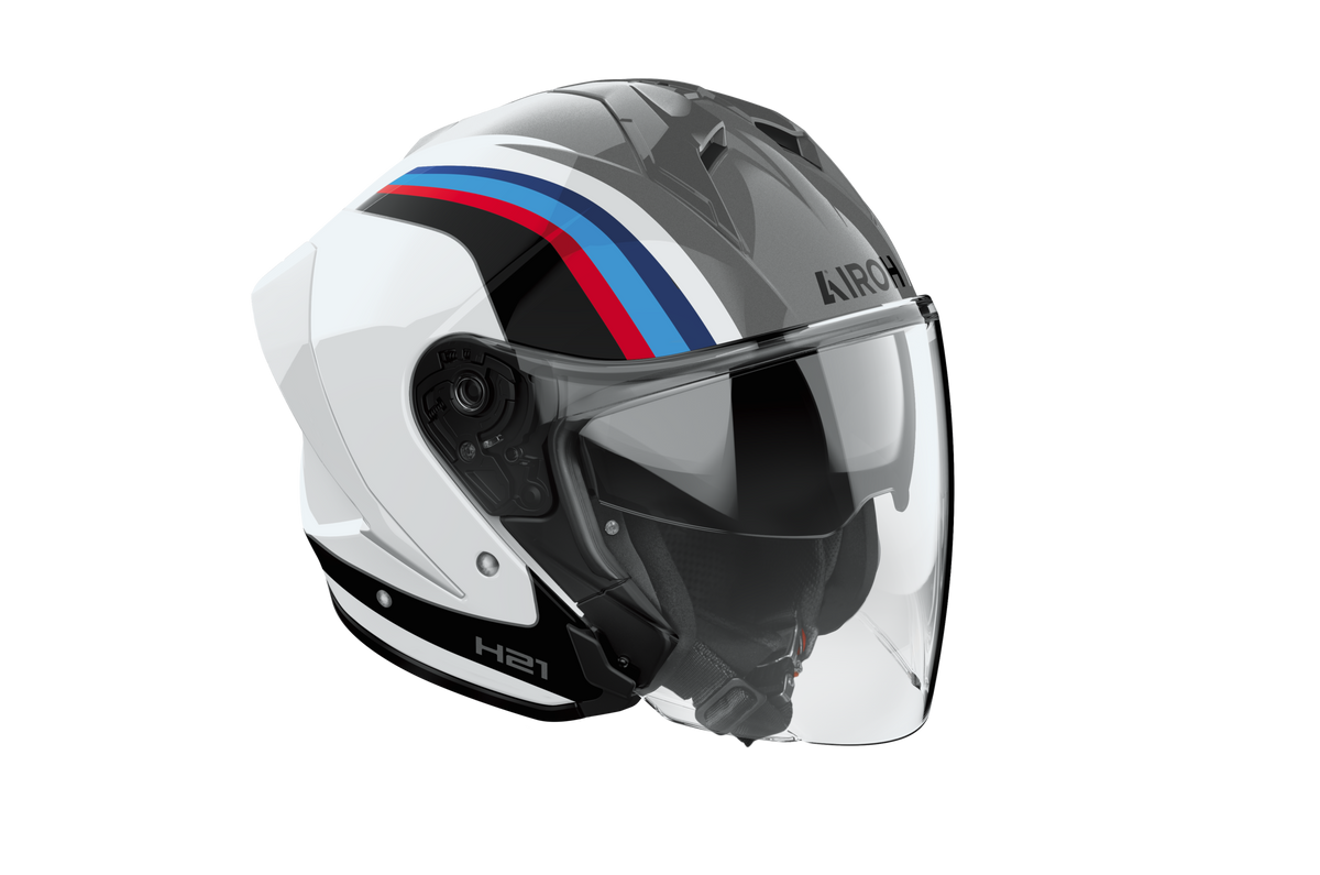 Airoh H 21 Arrow bianco lucido con strisce blu, azzurre e rosse, casco jet visto di tre quarti