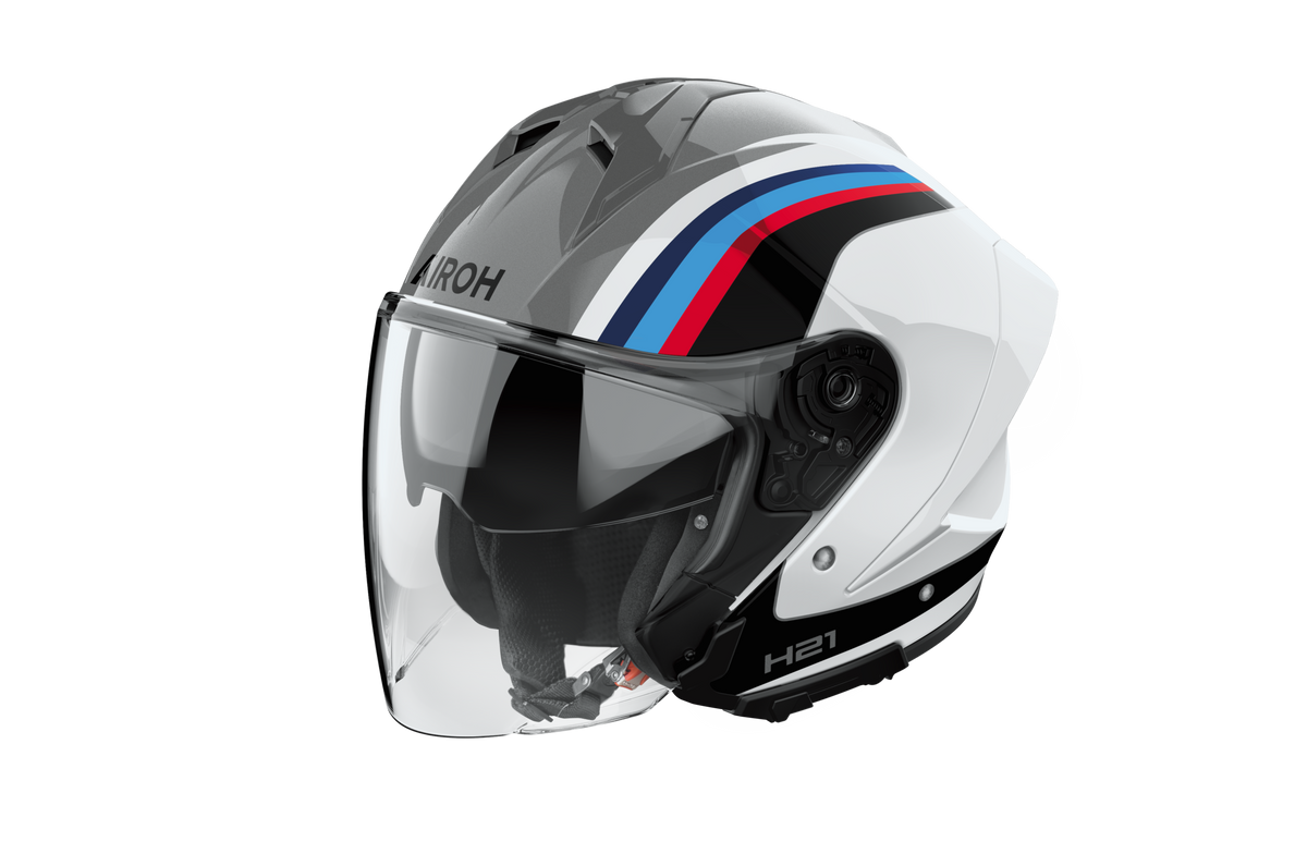 Casco jet Airoh H 21 Arrow bianco e grigio visto di tre quarti dal lato opposto, visiera lunga