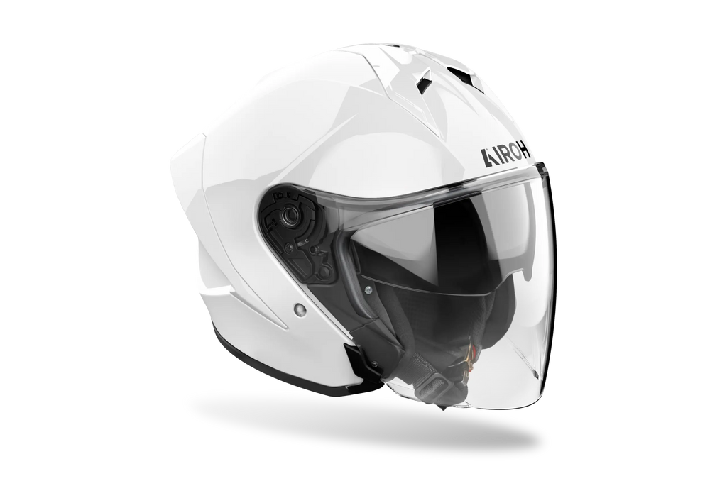 Airoh H 21 Color bianco lucido, casco jet con visiera lunga, vista di tre quarti anteriore