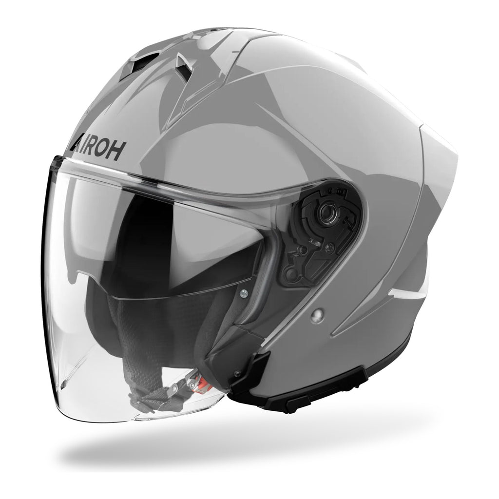 Casco jet Airoh H 21 grigio cemento lucido visto di tre quarti dal lato opposto