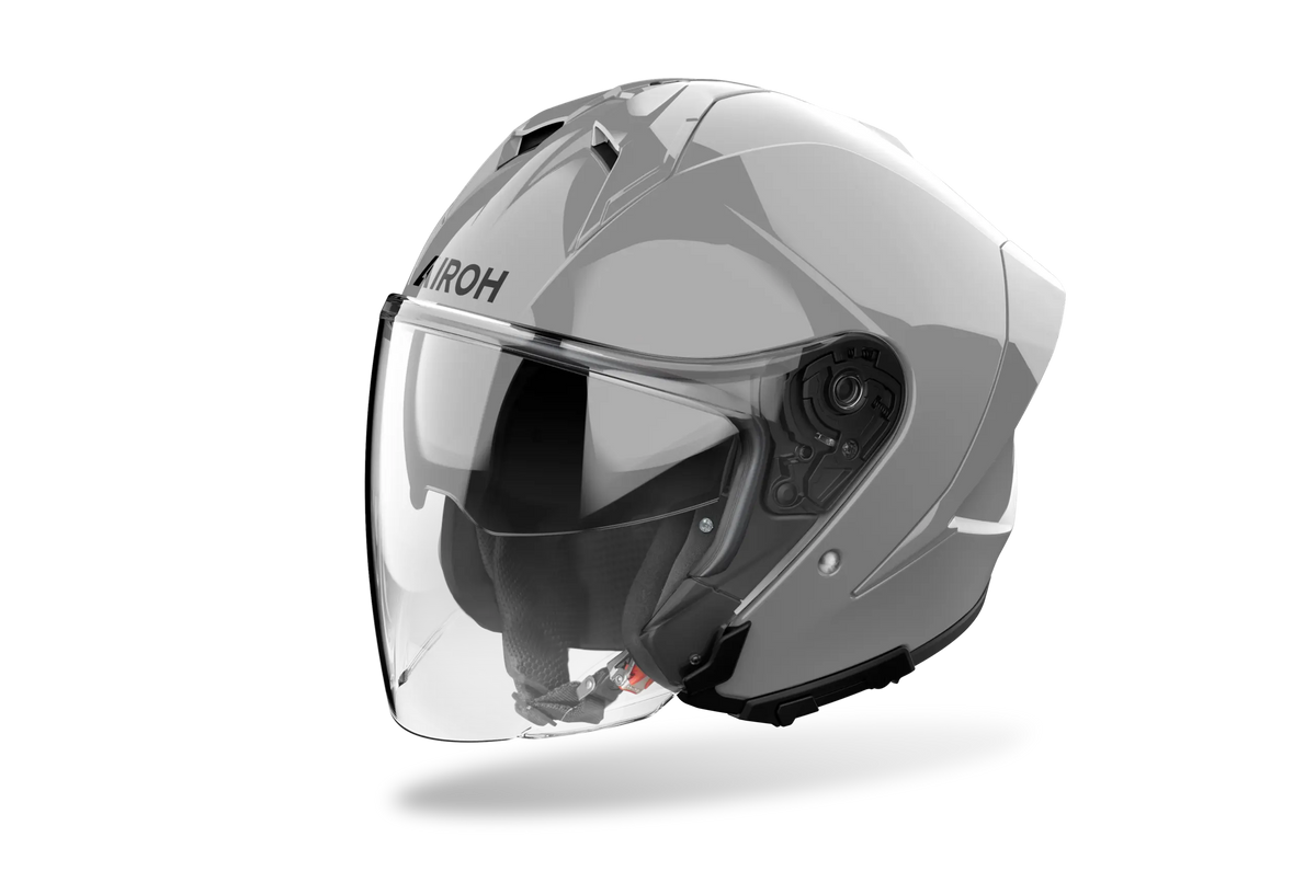 Casco jet Airoh H 21 grigio cemento lucido visto di tre quarti dal lato opposto