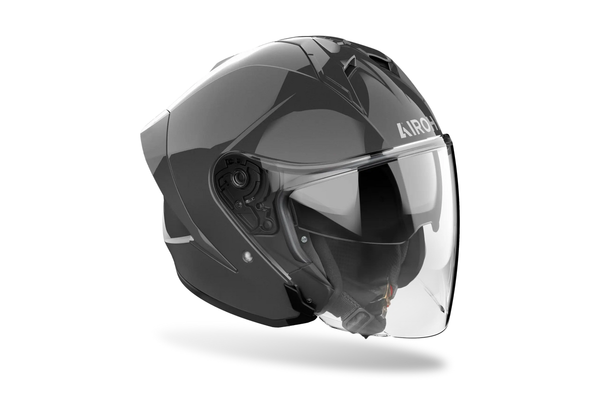 Airoh H 21 Color grigio scuro lucido, casco jet con visiera lunga, vista di tre quarti anteriore