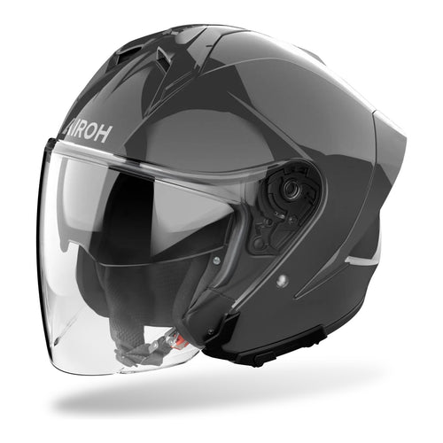 Casco jet Airoh H 21 grigio scuro lucido visto di tre quarti dal lato opposto