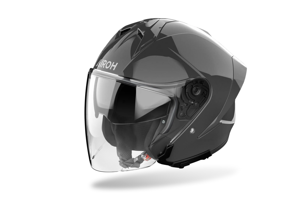 Casco jet Airoh H 21 grigio scuro lucido visto di tre quarti dal lato opposto