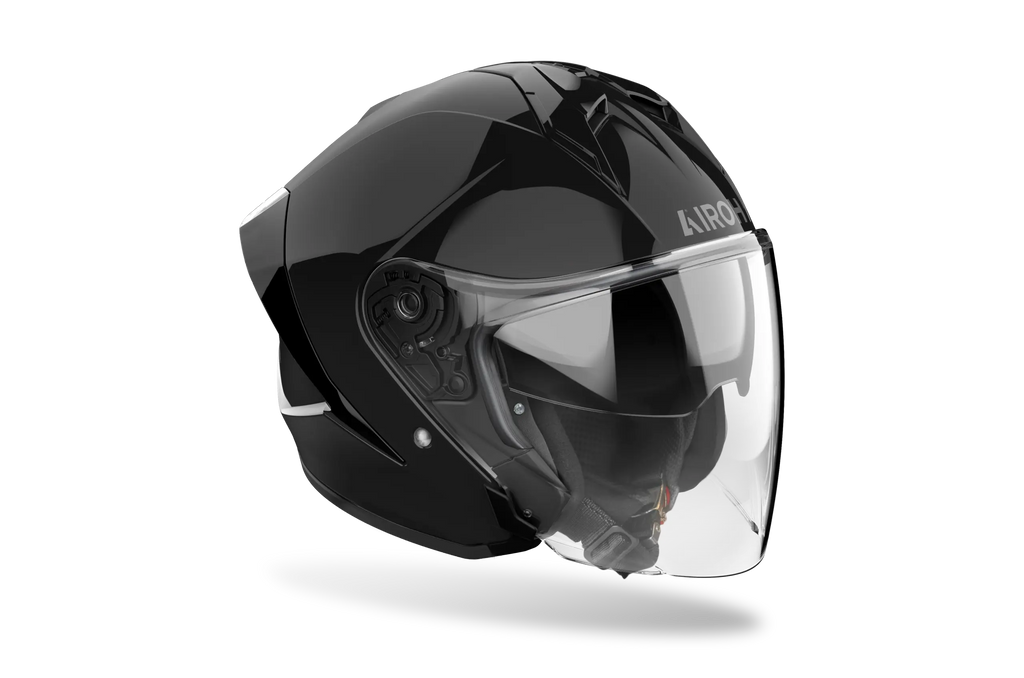 Airoh H 21 Color nero lucido, casco jet con visiera lunga, vista di tre quarti anteriore