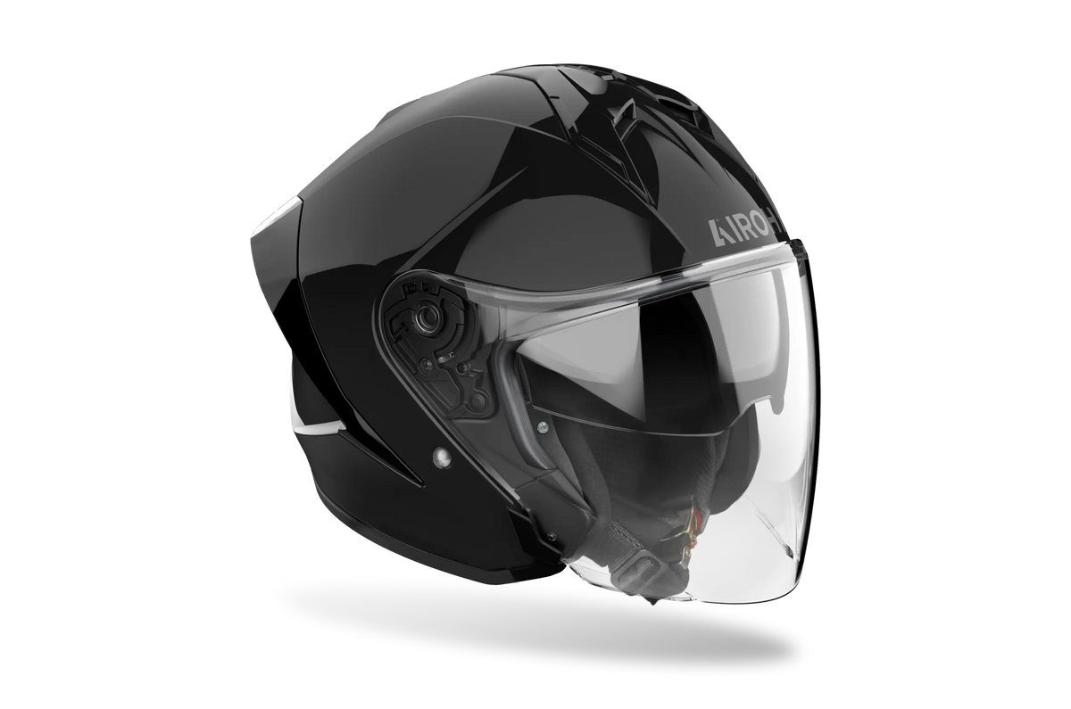 Airoh H 21 Color nero lucido, casco jet con visiera lunga, vista di tre quarti anteriore