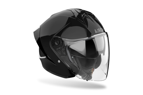 Airoh H 21 Color nero lucido, casco jet con visiera lunga, vista di tre quarti anteriore